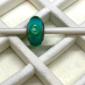 Pandora Retired Green w/Flowers Murano Glass Bead